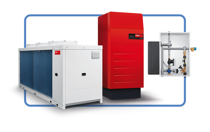 A hybrid system from Hoval, comprising of the Belaria® fit air/water heat pump, UltraGas® 2 condensing boiler and the TransTherm® Aqua F.